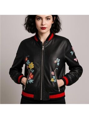 Chelsea & Violet Embroidered Floral Lightweight Varsity Bomber Jacket Black- XS